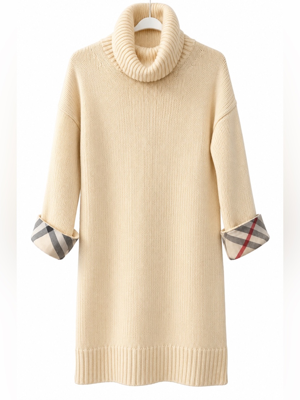 Burberry Cream Turtleneck Knit Dress with Signature Check Cuffs